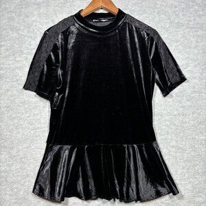 Zara Trafaluc Black Velvet Peplum Top With Lace Detail‎ S